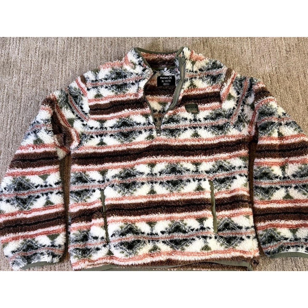 Hurley Boys XL 14/16 Sherpa Fleece Quarter Zip Pullover Southwestern Aztec Print